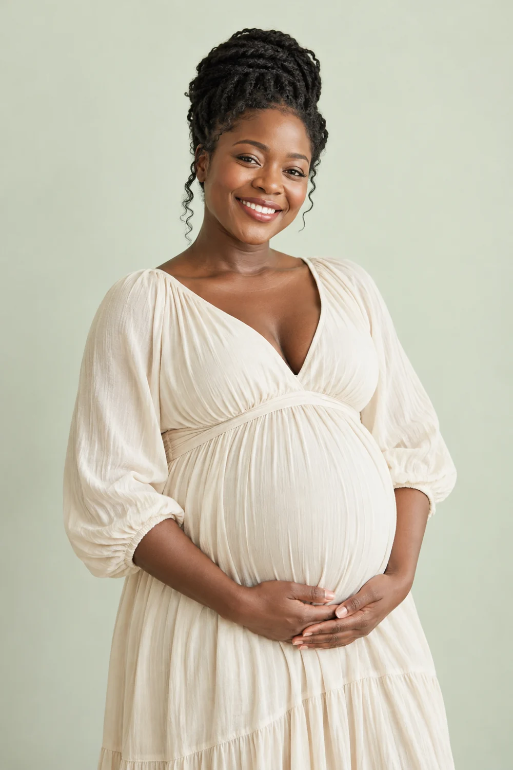 A smiling pregnant African woman gently holding her belly